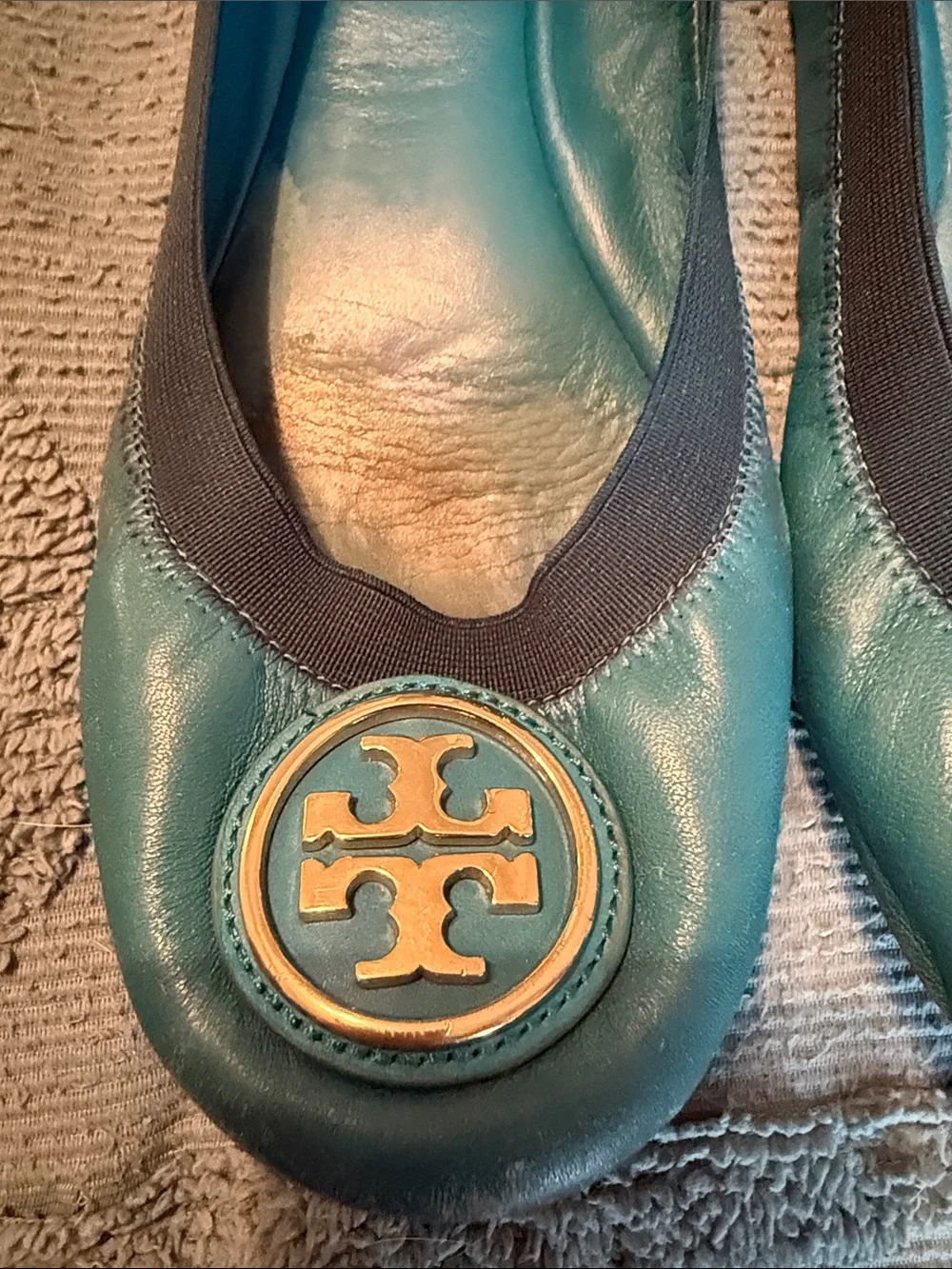 Tory Burch Teal Leather Logo Ballet Flats